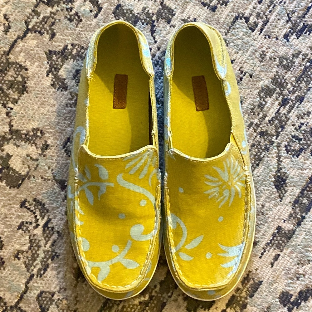 OluKai Nohea Women’s Slip-On Green and Blue Canvas Shoes, Size 10